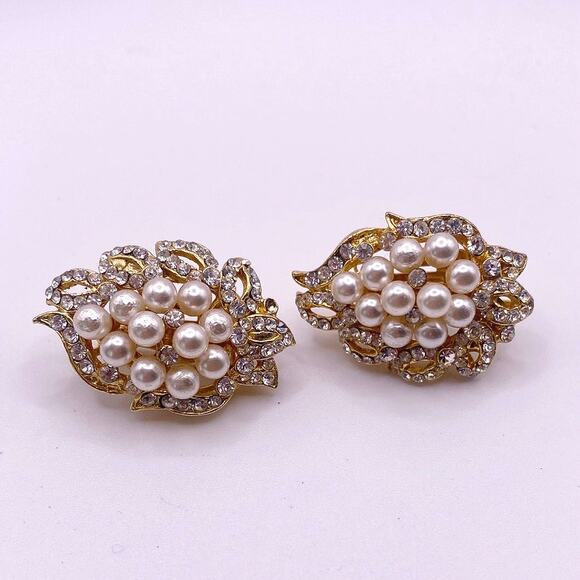 Vintage Midcentury Golden Clip On Earrings Rhinestones and Faux Pearls - Picture 1 of 5